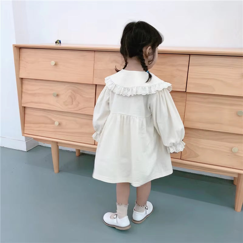 Spring Fall Cute Baby Girls Lace Turn-Down Collar Princess Dresses Pure Cotton Soft Casual Dress for Kids Student Clothing