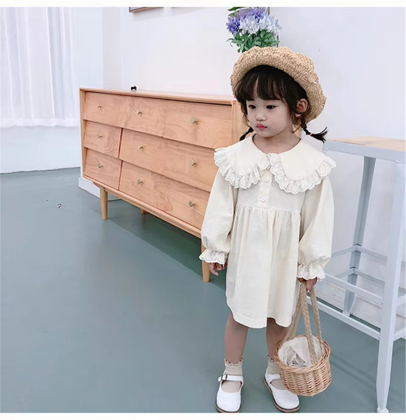 Spring Fall Cute Baby Girls Lace Turn-Down Collar Princess Dresses Pure Cotton Soft Casual Dress for Kids Student Clothing