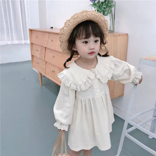 Spring Fall Cute Baby Girls Lace Turn-Down Collar Princess Dresses Pure Cotton Soft Casual Dress for Kids Student Clothing