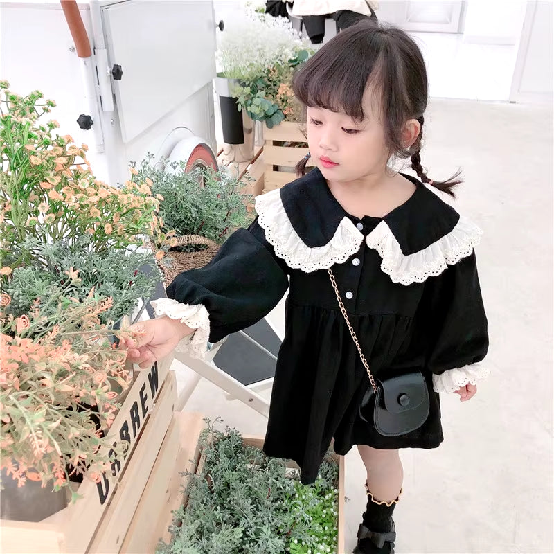 Spring Fall Cute Baby Girls Lace Turn-Down Collar Princess Dresses Pure Cotton Soft Casual Dress for Kids Student Clothing